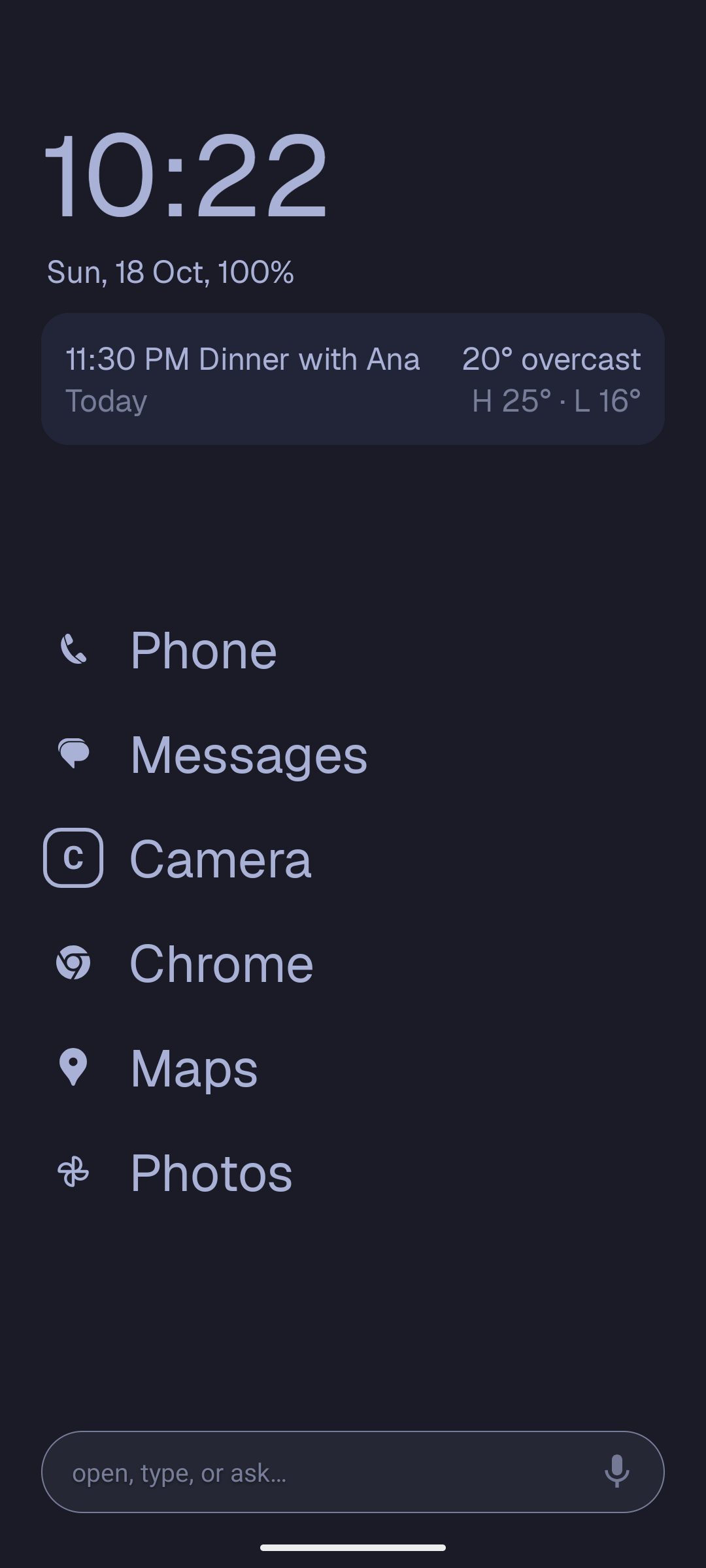 Home with icons, glance card and bottom bar