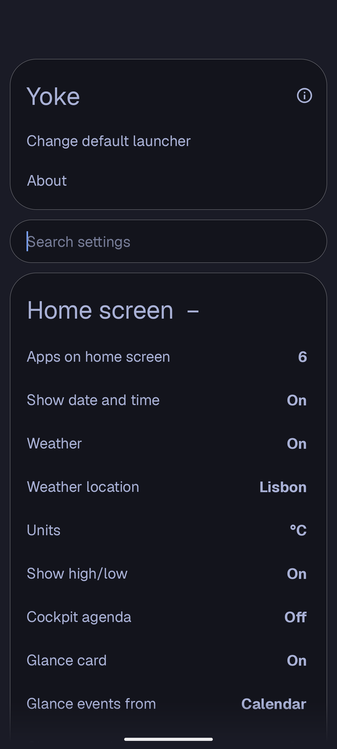 Yoke settings with the search box and the Home screen section